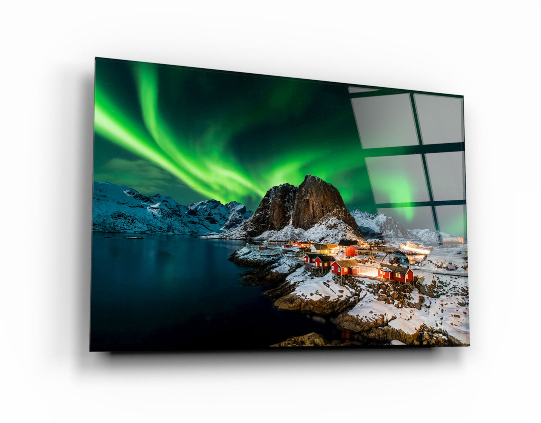 ・"Aurora borealis over Hamnoy in Norway"・Glass Wall Art