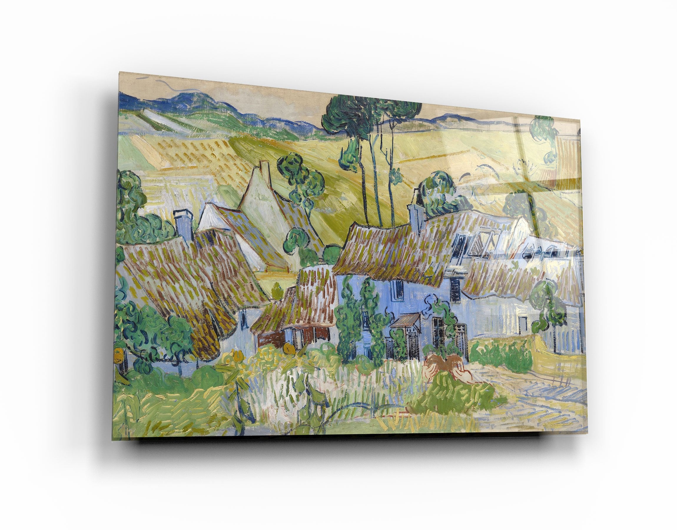 ・"Vincent van Gogh's Farms near Auvers (1890)"・Glass Wall Art | Artdesigna Glass Printing Wall Arts.