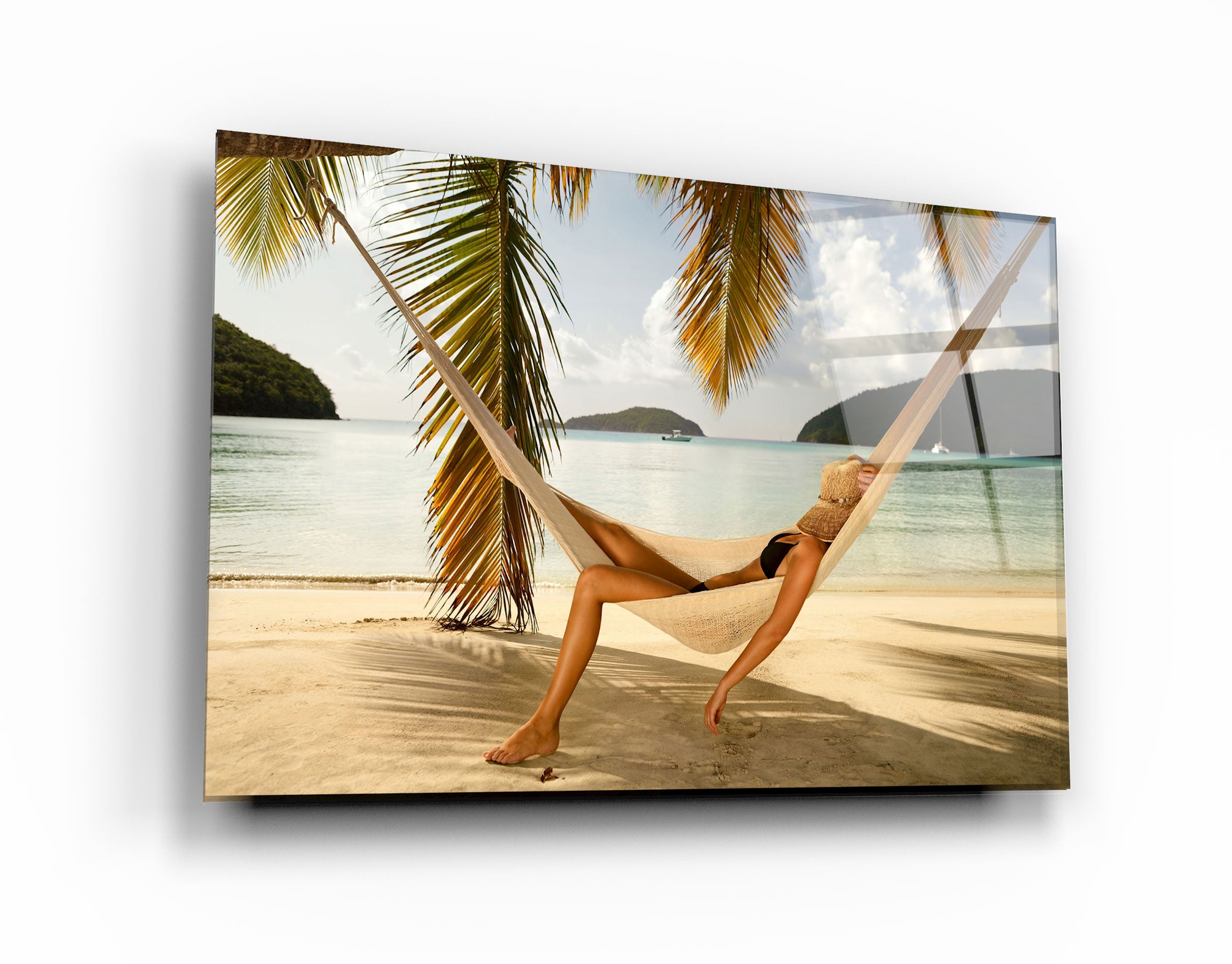 ・"Hammock Under Palm Trees"・Glass Wall Art | Artdesigna Glass Printing Wall Arts.