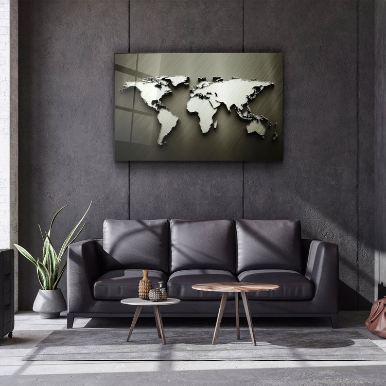 ・"Metallic World Map"・Glass Wall Art | Artdesigna Glass Printing Wall Arts.