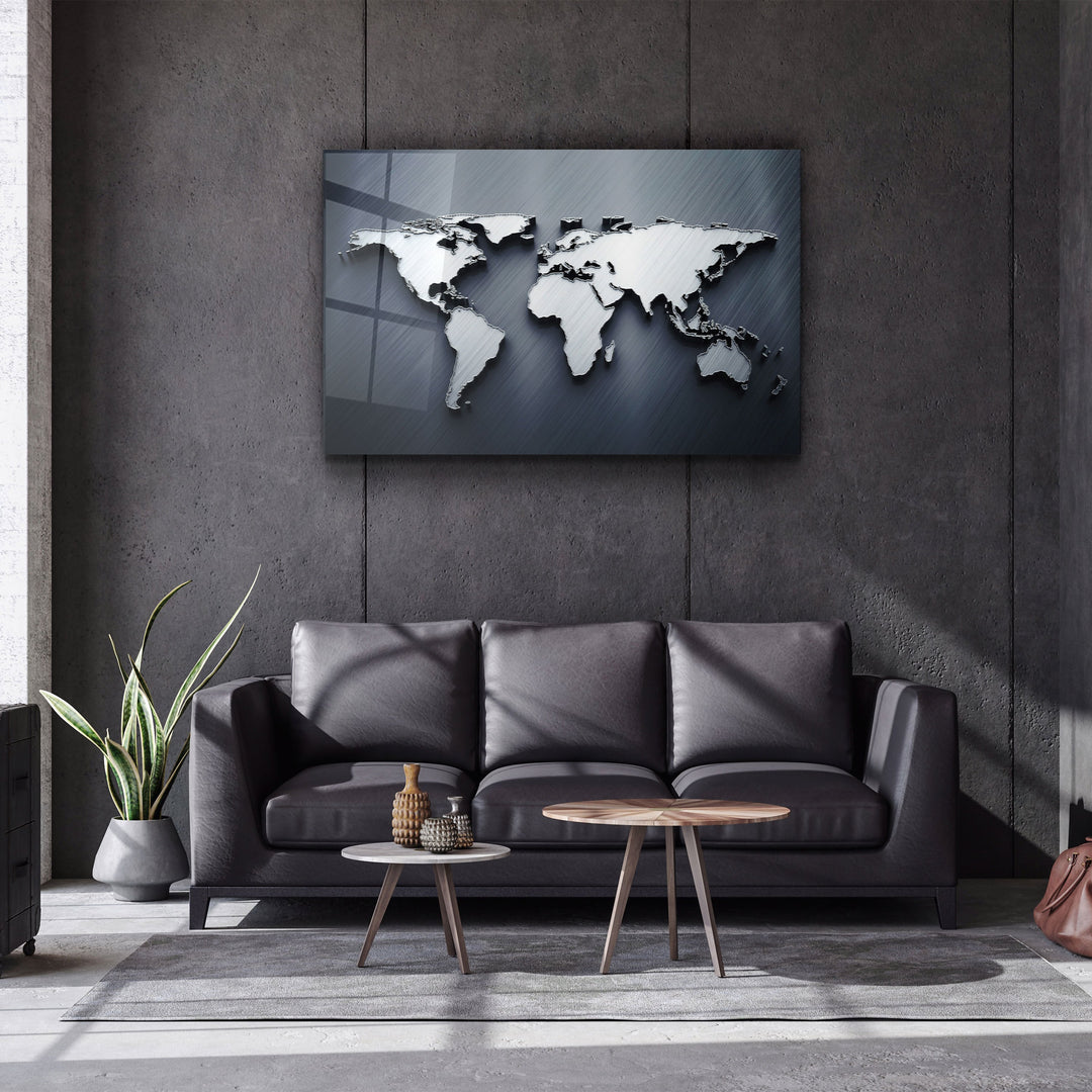 ・"Metallic Blue World Map"・Glass Wall Art | Artdesigna Glass Printing Wall Arts.