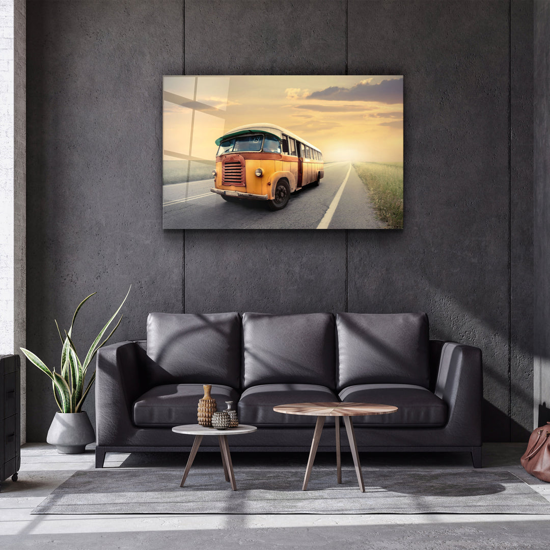 ・"The Vintage Bus With Sunset"・Glass Wall Art | Artdesigna Glass Printing Wall Arts.