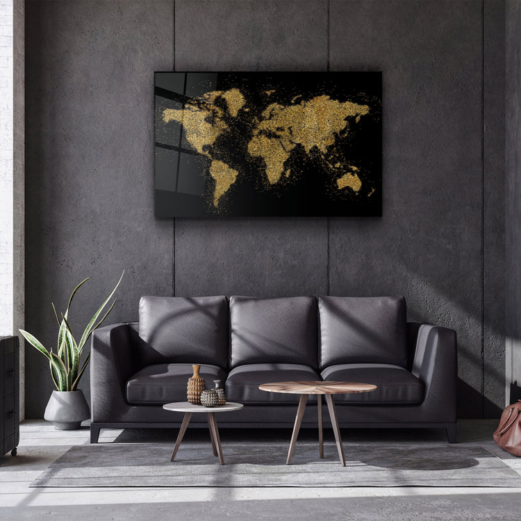 ・"World Map In Golden"・Glass Wall Art | Artdesigna Glass Printing Wall Arts.