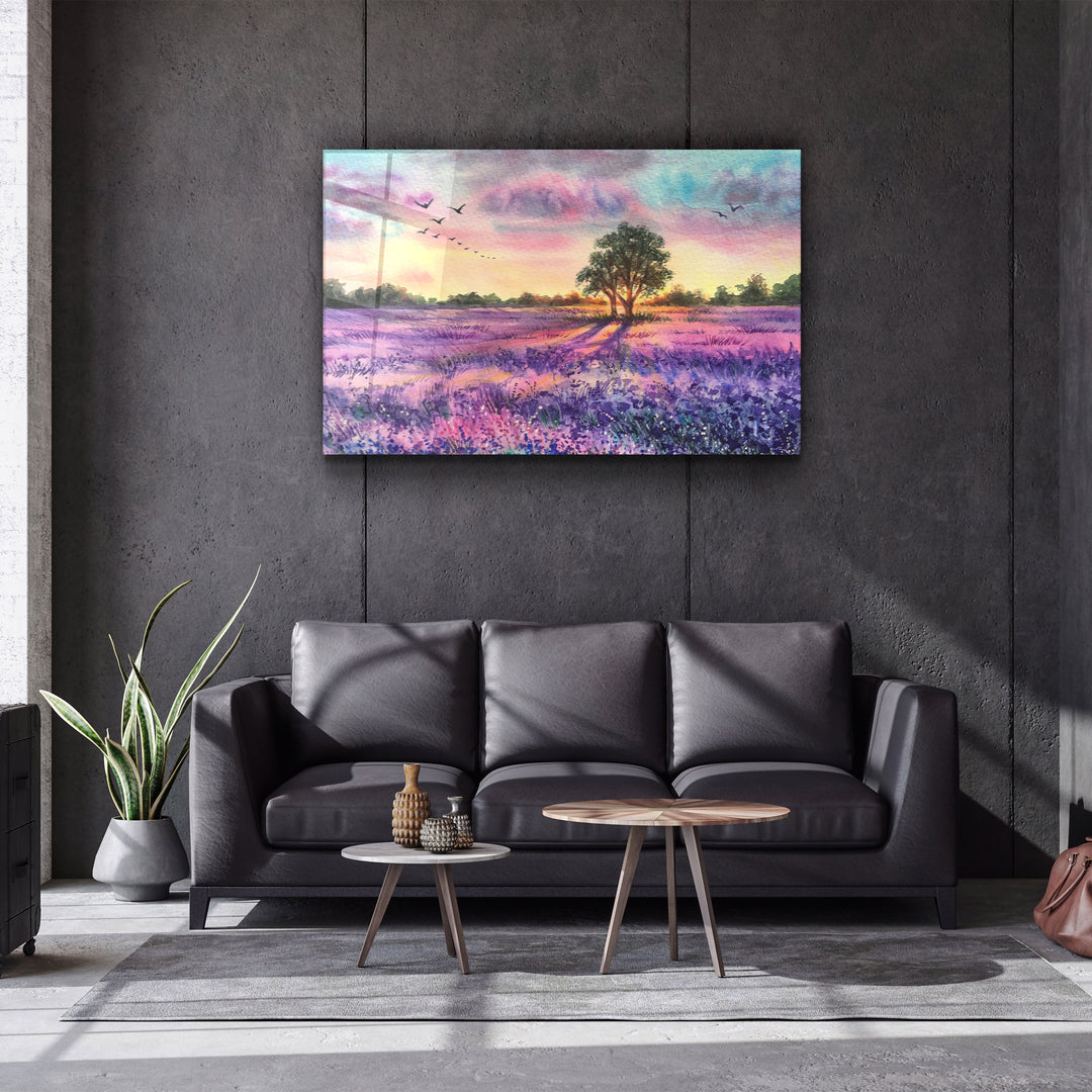 ・"Sunset Meadow Painting"・Glass Wall Art | Artdesigna Glass Printing Wall Arts.