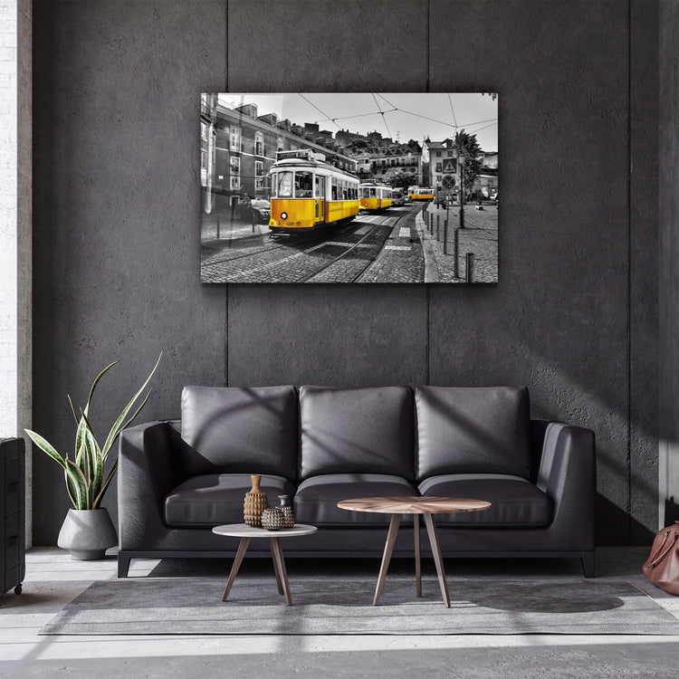 ・"Yellow Tram (Lisbon)"・Glass Wall Art | Artdesigna Glass Printing Wall Arts.