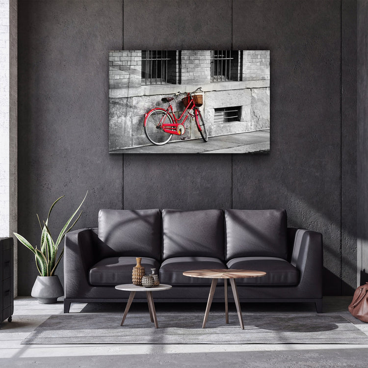 ・"Red Bicycle"・Glass Wall Art | Artdesigna Glass Printing Wall Arts.