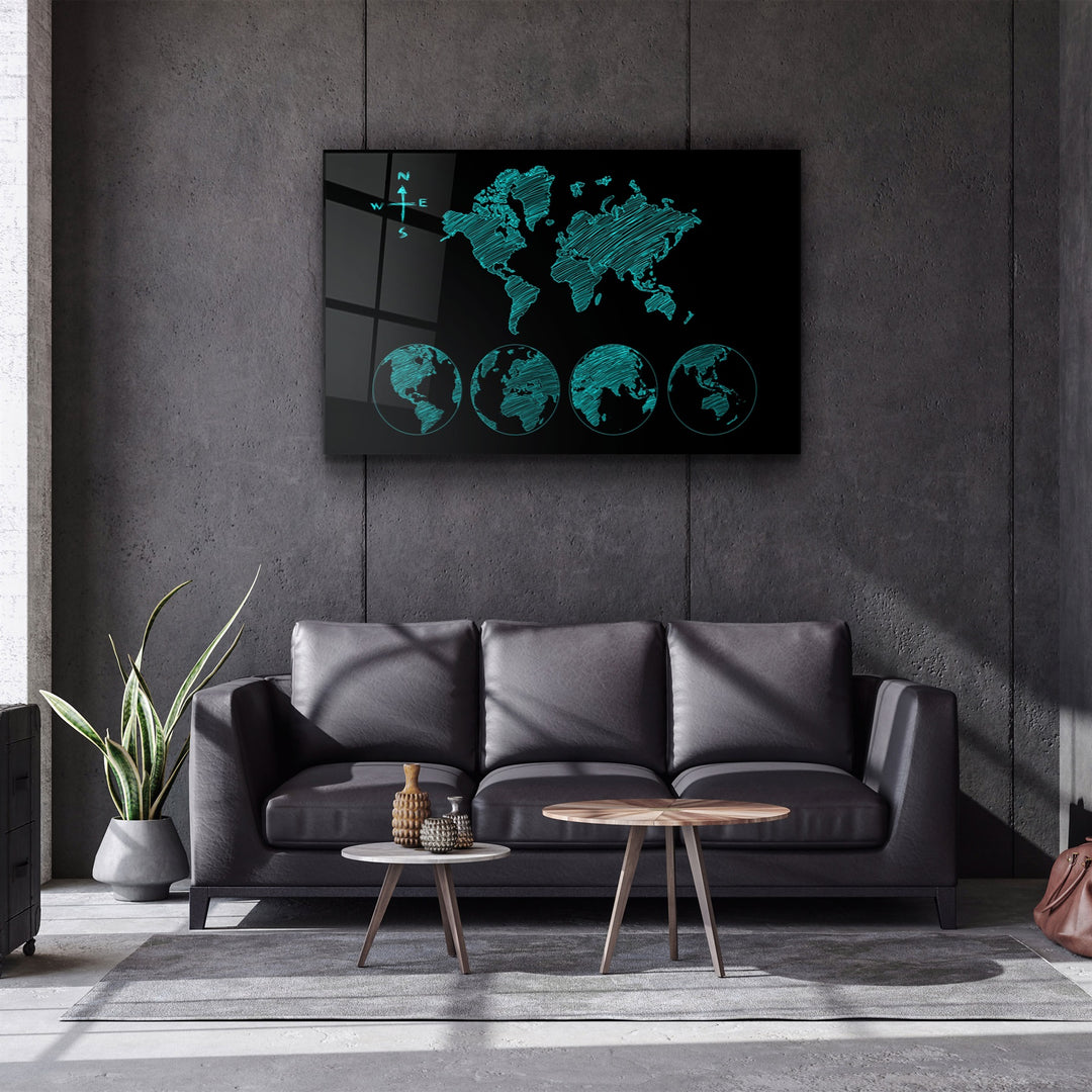 ・"World Map Green"・Glass Wall Art | Artdesigna Glass Printing Wall Arts.