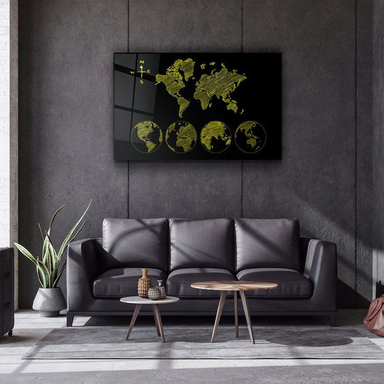 ・"World Map Black-Yellow"・Glass Wall Art | Artdesigna Glass Printing Wall Arts.