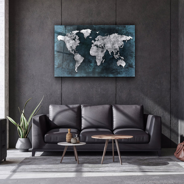 ・"World Map Blue-Silver"・Glass Wall Art | Artdesigna Glass Printing Wall Arts.