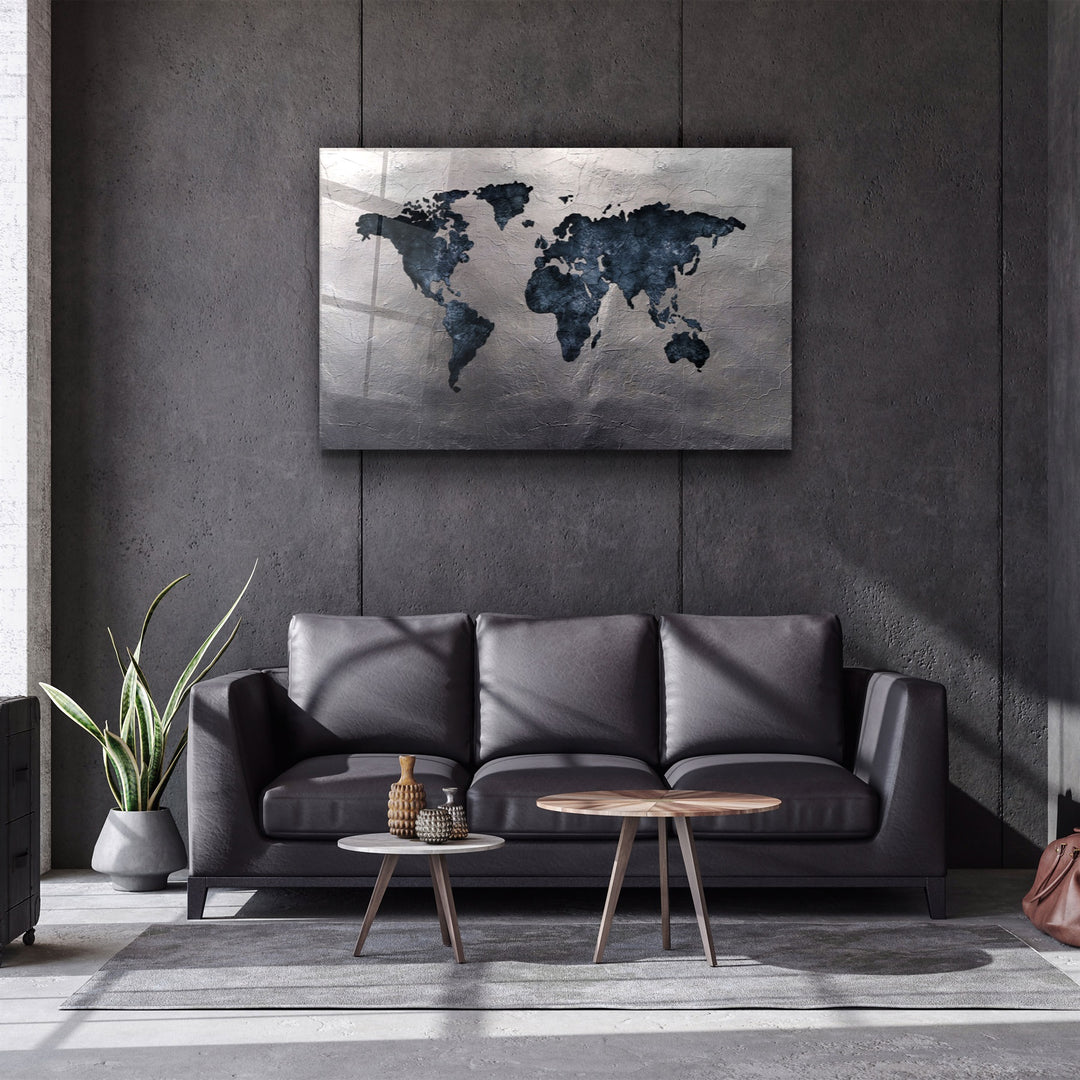 ・"World Map Blue-Silver2"・Glass Wall Art | Artdesigna Glass Printing Wall Arts.