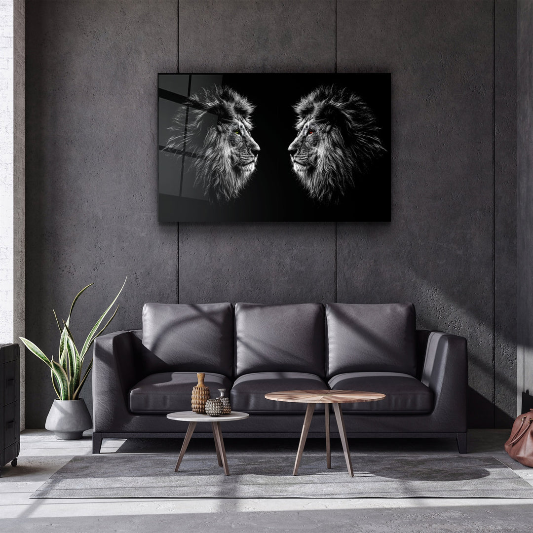 ・"Lions Confrontation BW "・Glass Wall Art | Artdesigna Glass Printing Wall Arts.