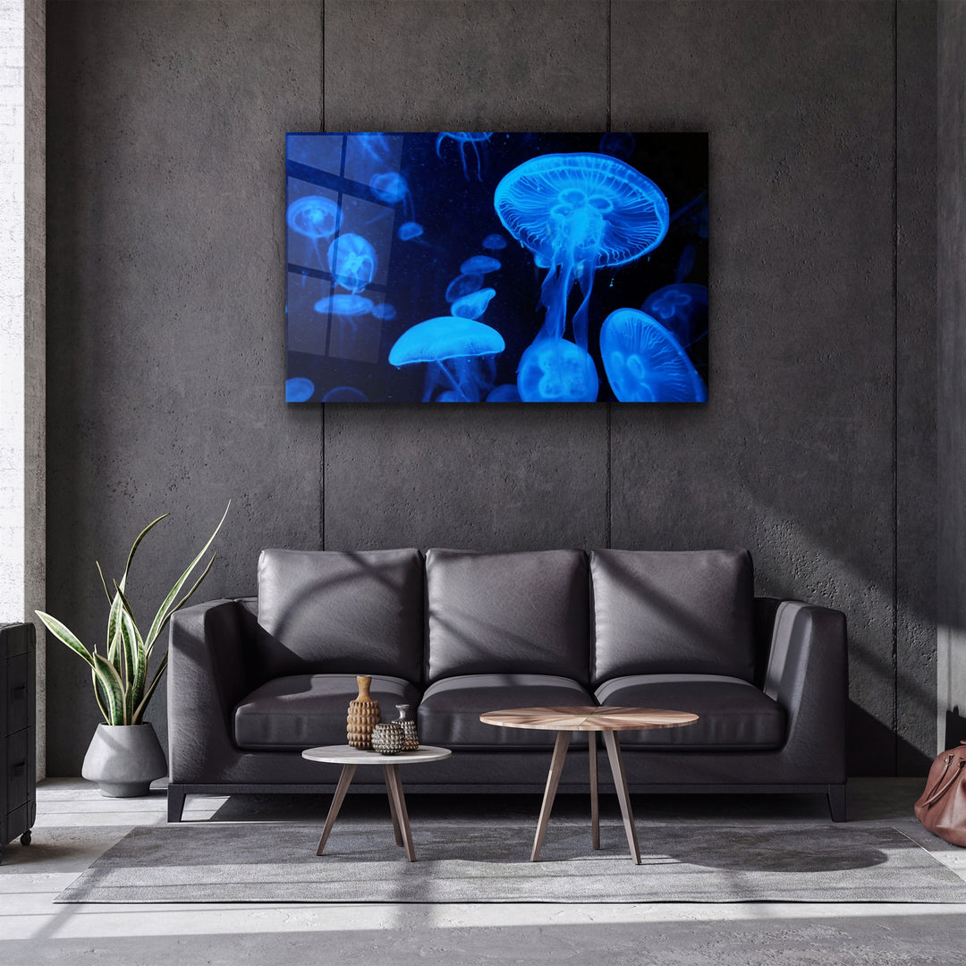 ・"Blue Jellyfish"・Glass Wall Art | Artdesigna Glass Printing Wall Arts.