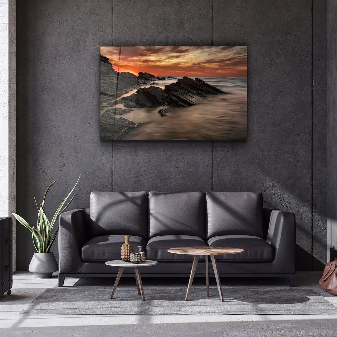 ・"Sharp Rocks and Sunset"・Glass Wall Art | Artdesigna Glass Printing Wall Arts.