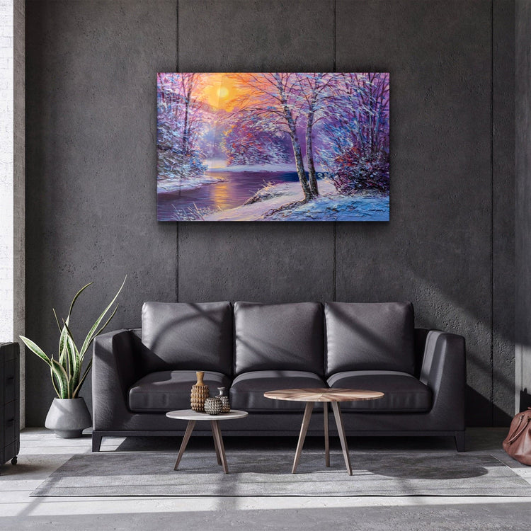 ・"Oil Painting Winter Sunset"・Glass Wall Art | Artdesigna Glass Printing Wall Arts.