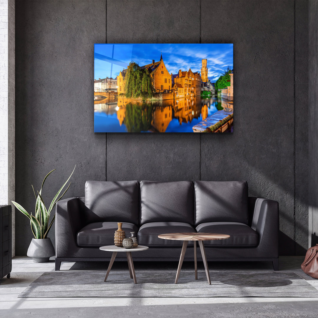 ・"Bruges, Belgium. The Rozenhoedkaai canal in Bruges with the Belfry"・Glass Wall Art