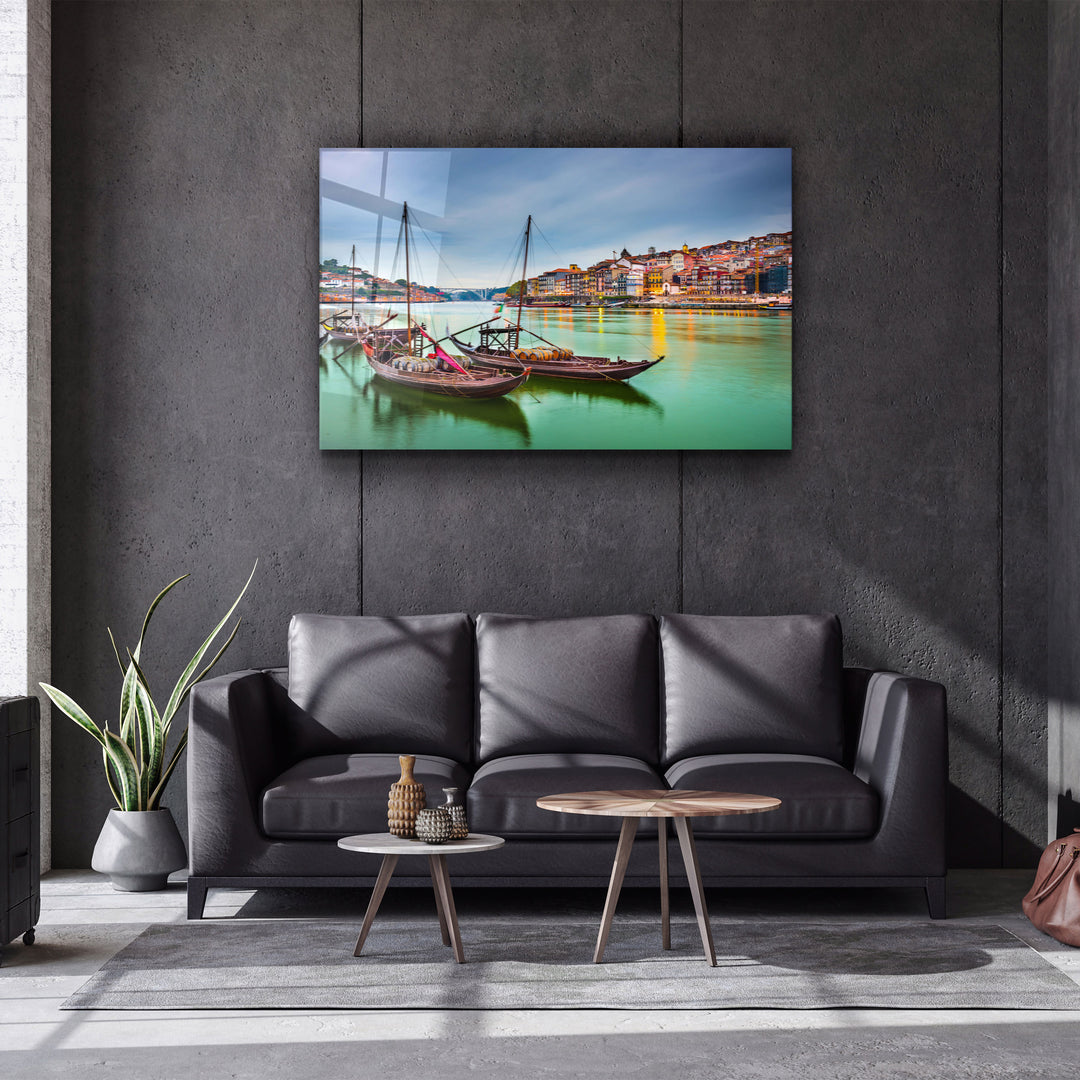 ・"Porto, Portugal old town cityscape on the Douro River with traditional Rabelo boats."・Glass Wall Art