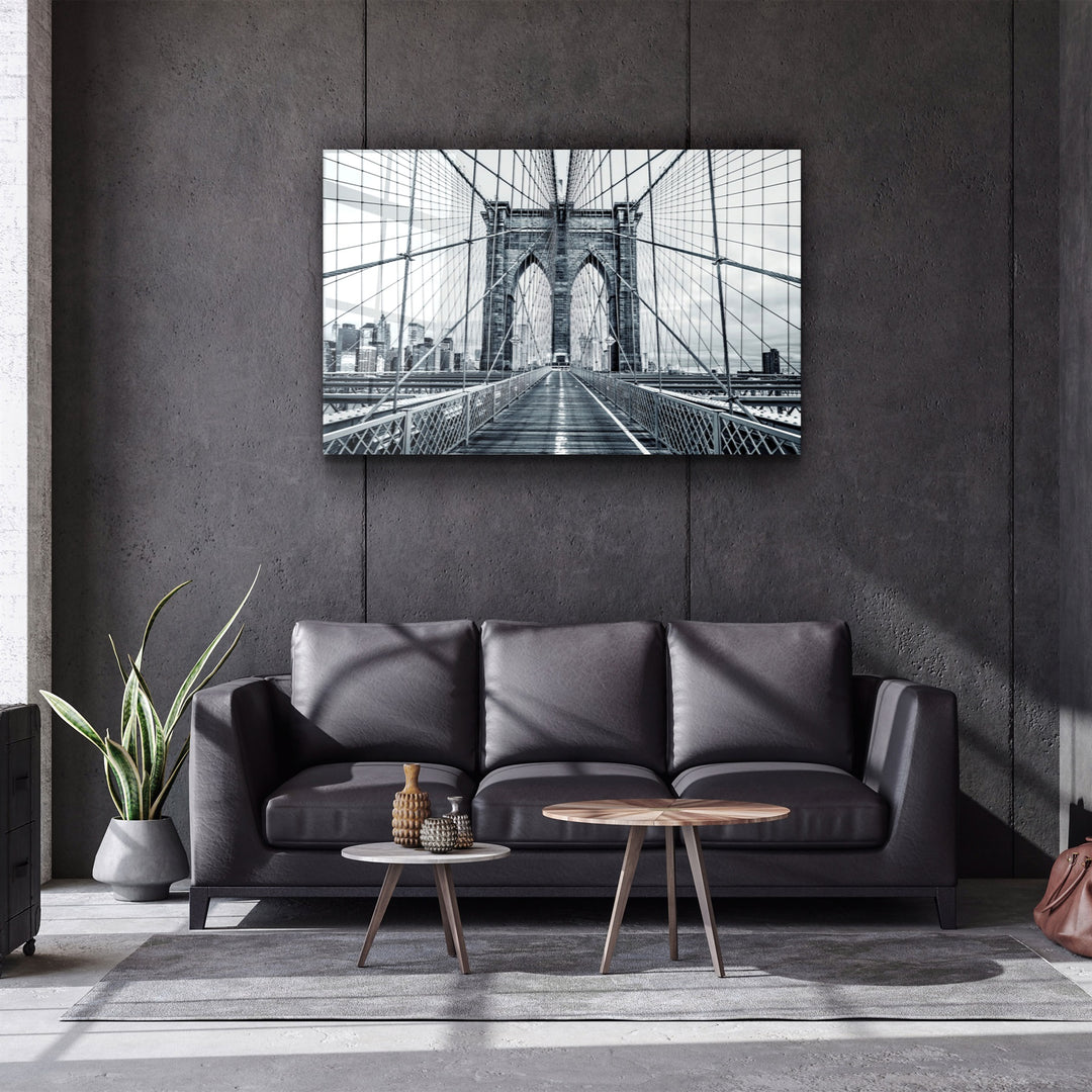 ・"Brooklyn Bridge Retro Gray"・Glass Wall Art | Artdesigna Glass Printing Wall Arts.