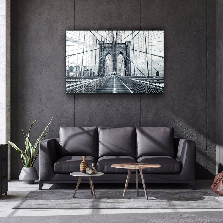 ・"Brooklyn Bridge Retro Gray"・Glass Wall Art | Artdesigna Glass Printing Wall Arts.