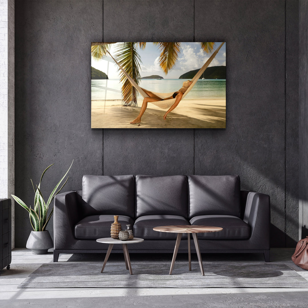 ・"Hammock Under Palm Trees"・Glass Wall Art | Artdesigna Glass Printing Wall Arts.