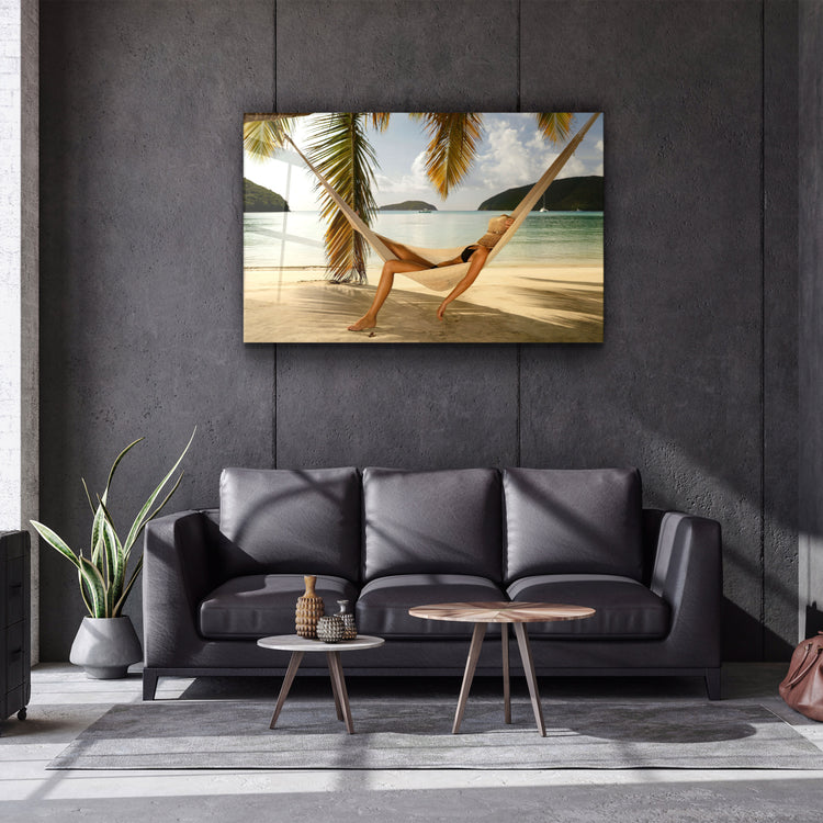 ・"Hammock Under Palm Trees"・Glass Wall Art | Artdesigna Glass Printing Wall Arts.