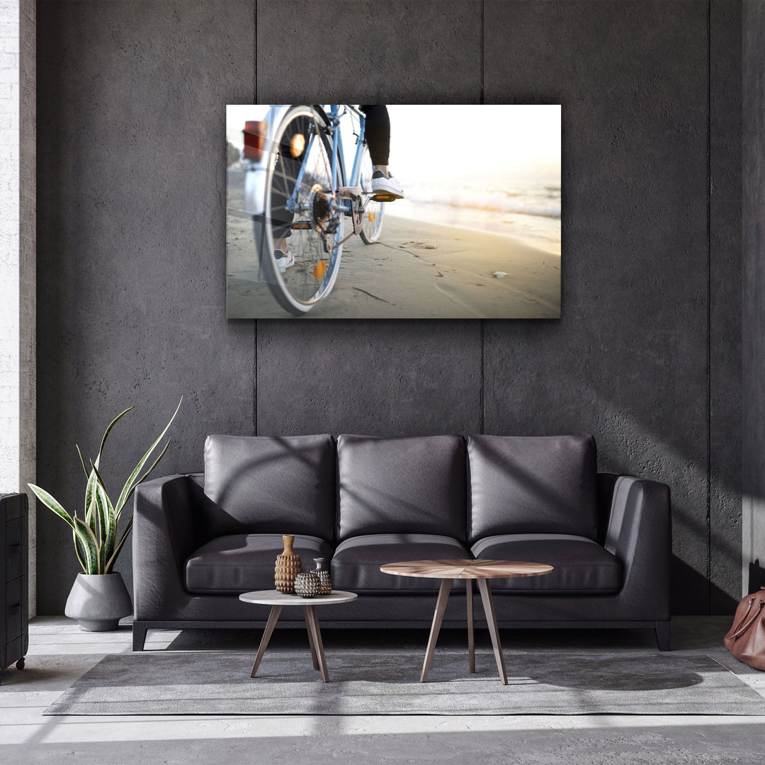 ・"Riding A Bike On The Calm Beach"・Glass Wall Art | Artdesigna Glass Printing Wall Arts.