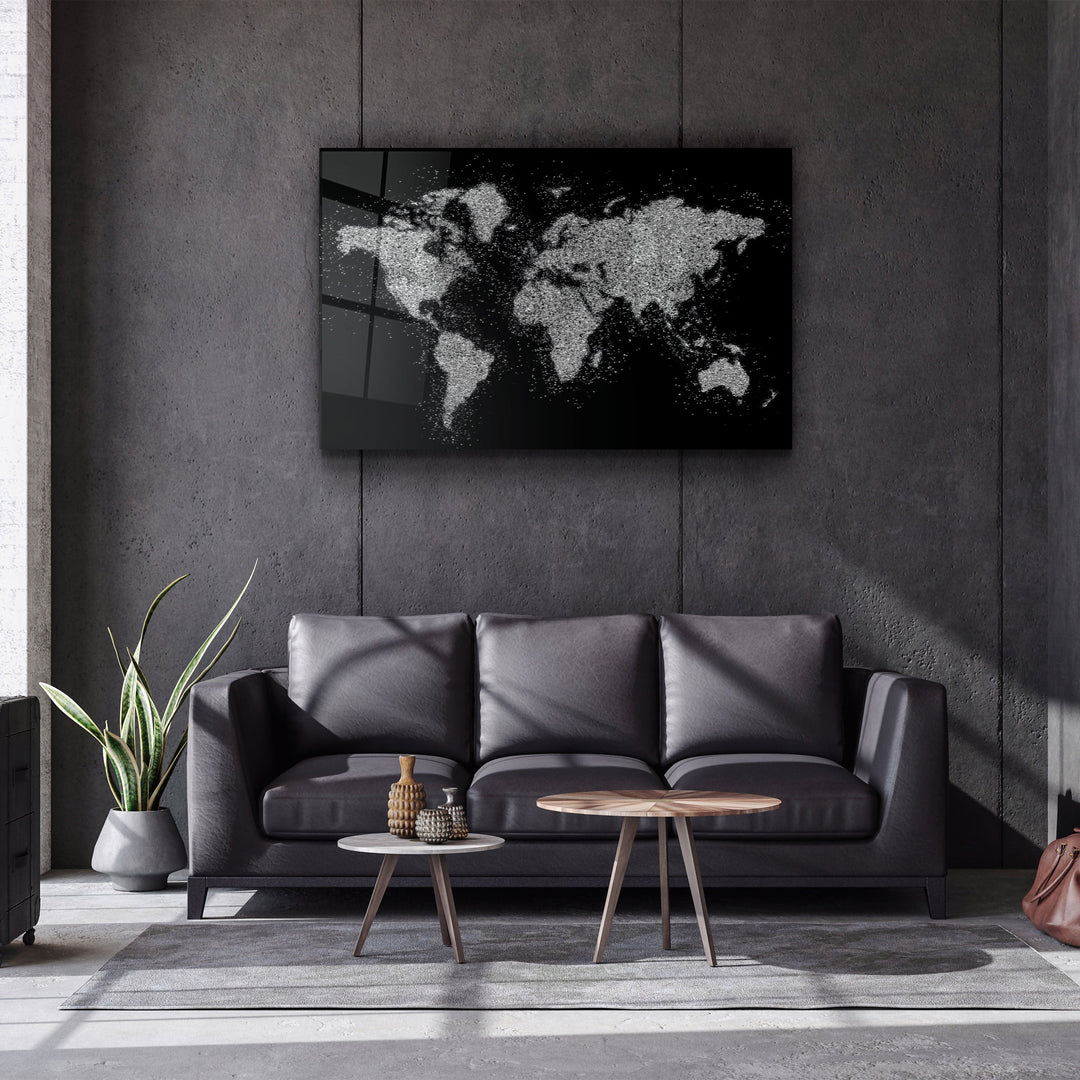 ・"World Map In Silver"・Glass Wall Art | Artdesigna Glass Printing Wall Arts.