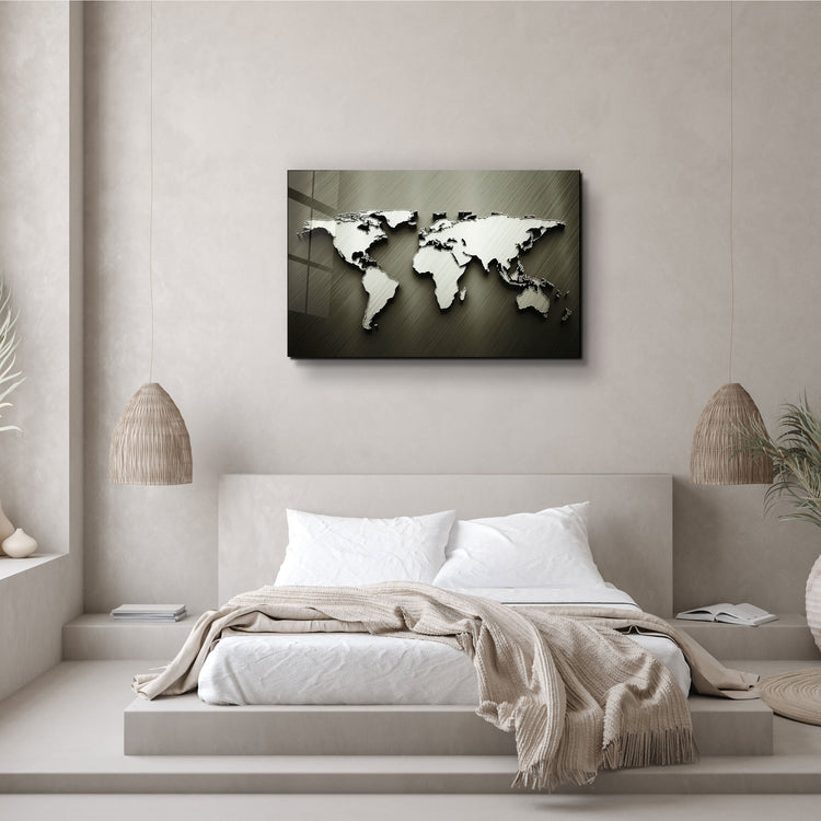 ・"Metallic World Map"・Glass Wall Art | Artdesigna Glass Printing Wall Arts.