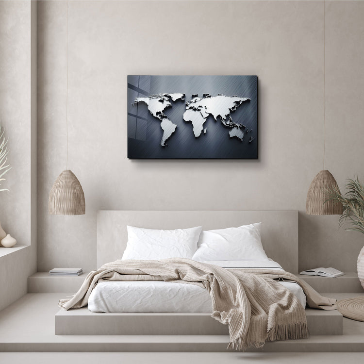 ・"Metallic Blue World Map"・Glass Wall Art | Artdesigna Glass Printing Wall Arts.