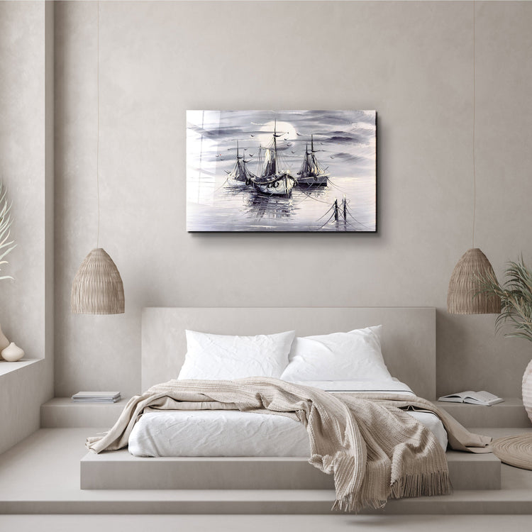 ・"White Boats"・Glass Wall Art | Artdesigna Glass Printing Wall Arts.