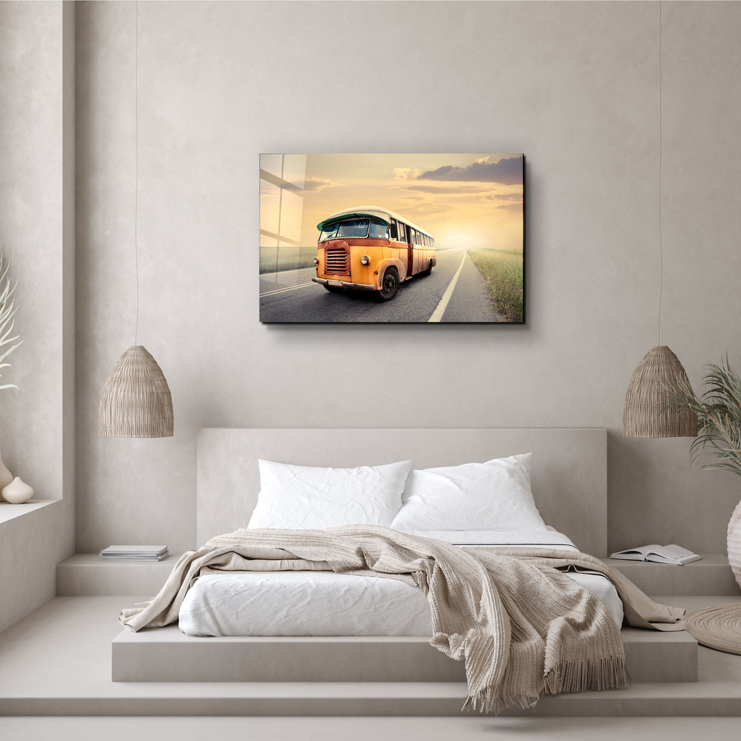 ・"The Vintage Bus With Sunset"・Glass Wall Art | Artdesigna Glass Printing Wall Arts.