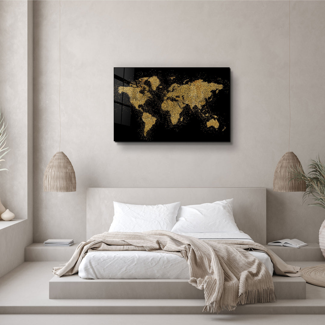 ・"World Map In Golden"・Glass Wall Art | Artdesigna Glass Printing Wall Arts.