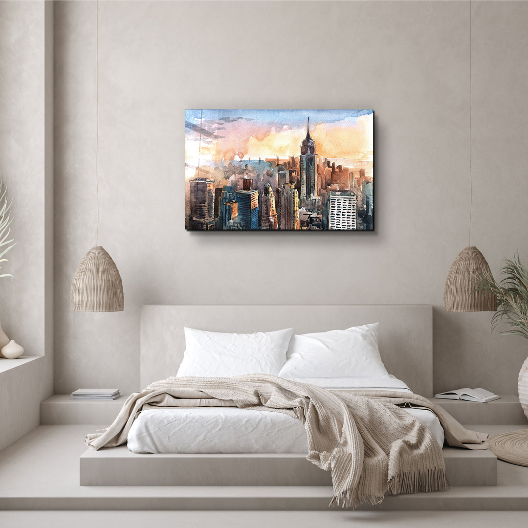 ・"New York Watercolor Painting"・Glass Wall Art | Artdesigna Glass Printing Wall Arts.