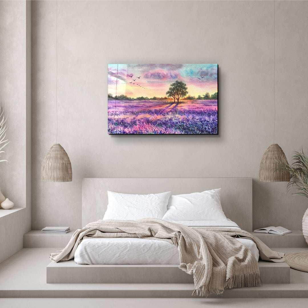 ・"Sunset Meadow Painting"・Glass Wall Art | Artdesigna Glass Printing Wall Arts.