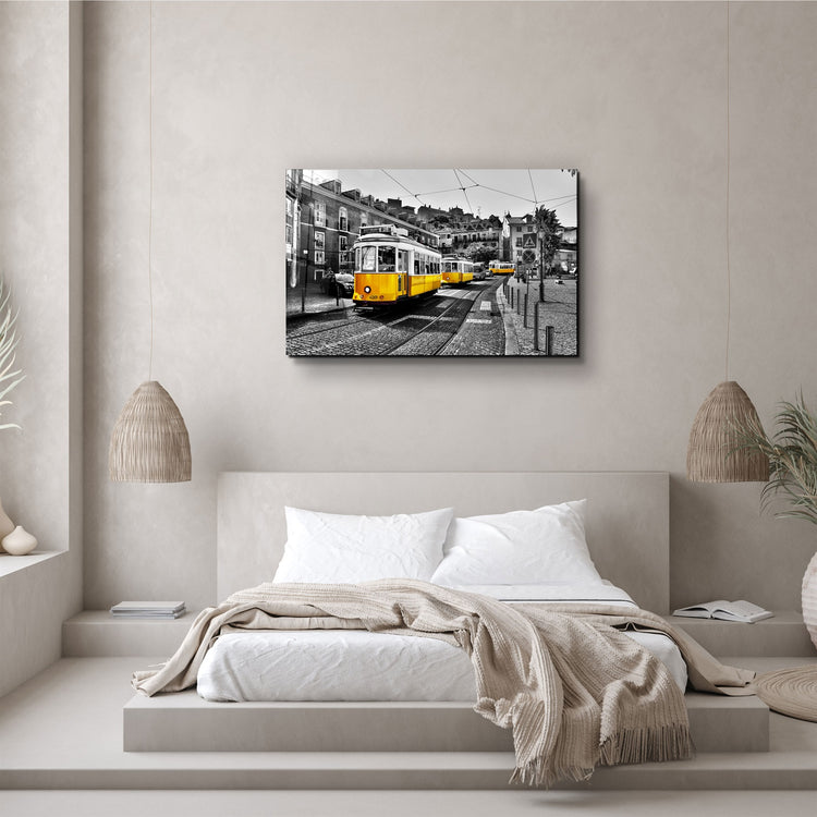 ・"Yellow Tram (Lisbon)"・Glass Wall Art | Artdesigna Glass Printing Wall Arts.