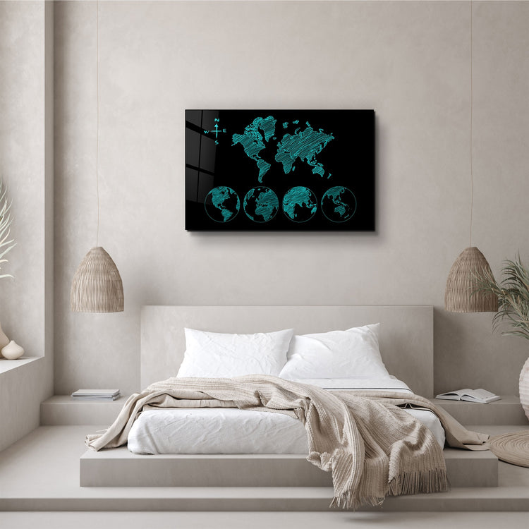 ・"World Map Green"・Glass Wall Art | Artdesigna Glass Printing Wall Arts.