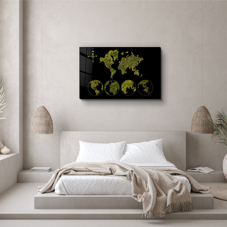 ・"World Map Black-Yellow"・Glass Wall Art | Artdesigna Glass Printing Wall Arts.