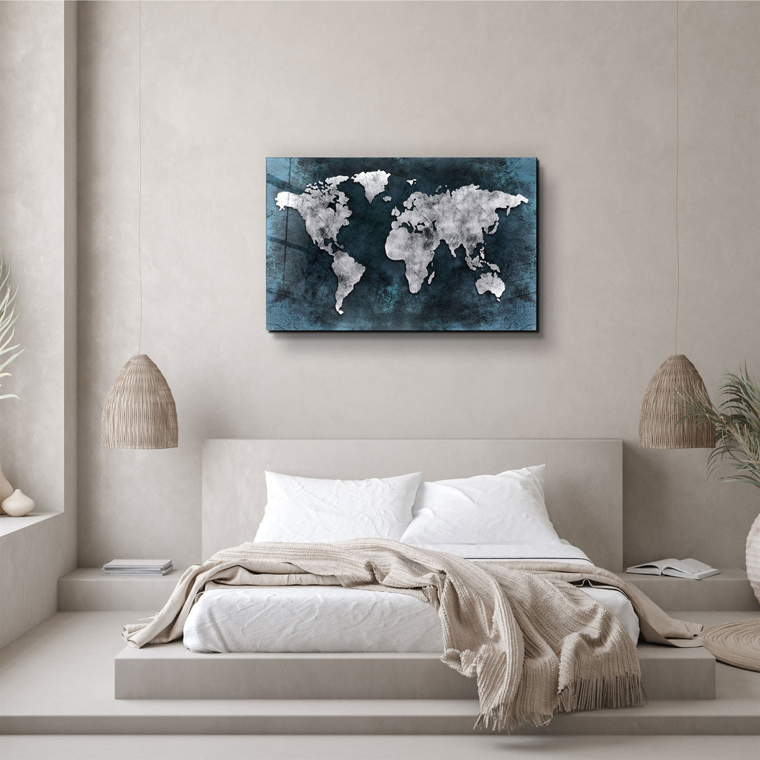 ・"World Map Blue-Silver"・Glass Wall Art | Artdesigna Glass Printing Wall Arts.