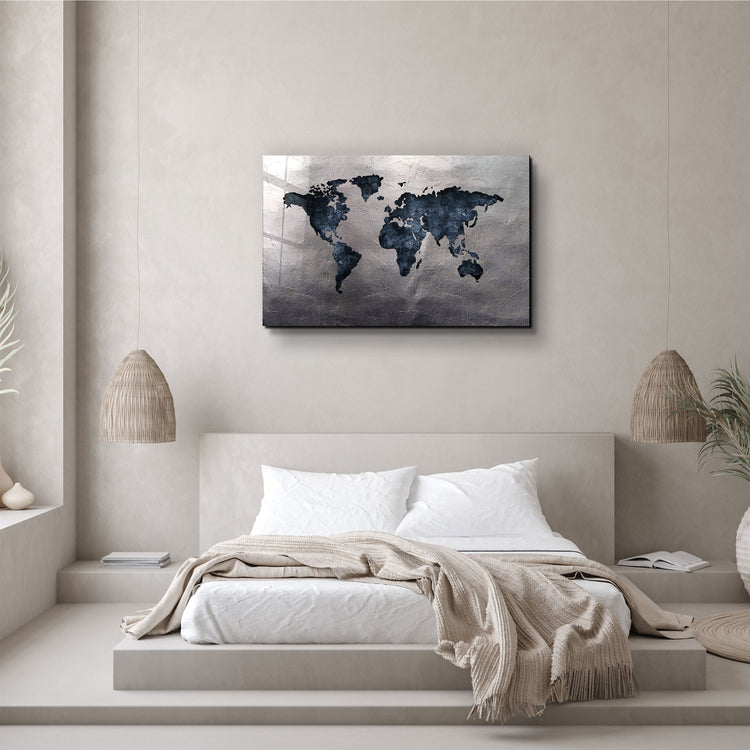 ・"World Map Blue-Silver2"・Glass Wall Art | Artdesigna Glass Printing Wall Arts.