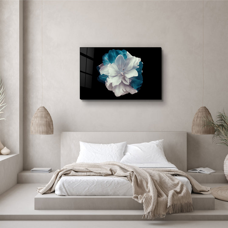 ・"Flower with Blue Leaves"・Glass Wall Art | Artdesigna Glass Printing Wall Arts.