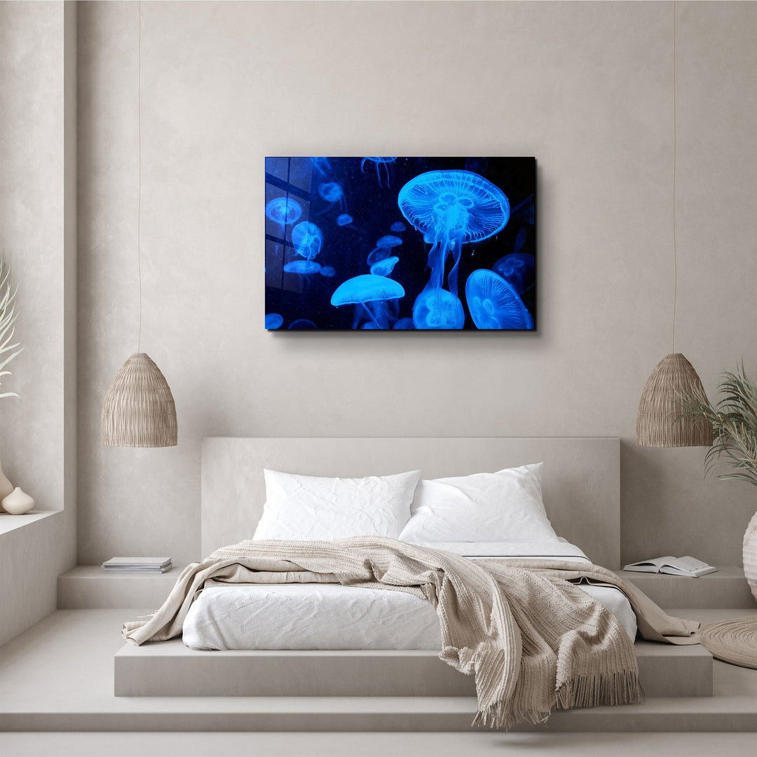 ・"Blue Jellyfish"・Glass Wall Art | Artdesigna Glass Printing Wall Arts.