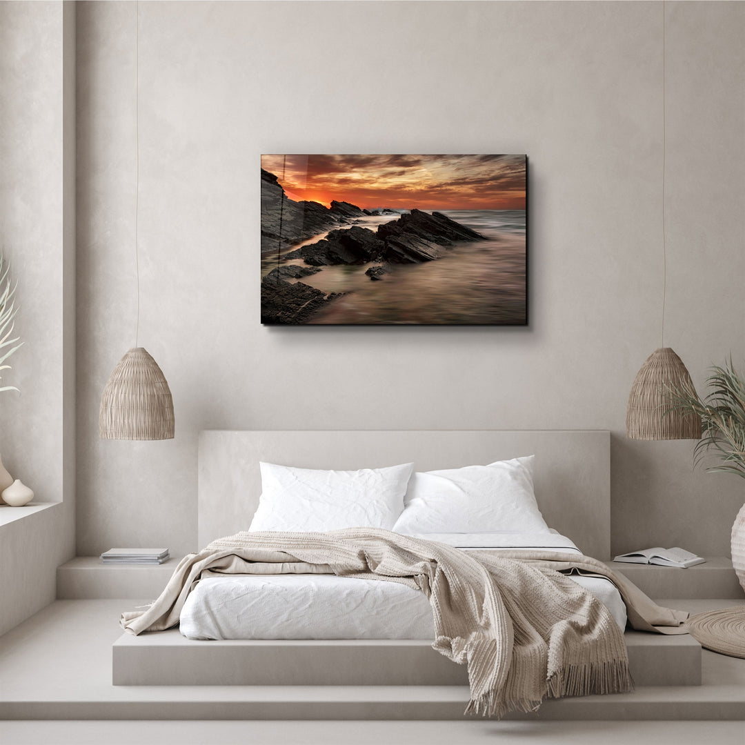 ・"Sharp Rocks and Sunset"・Glass Wall Art | Artdesigna Glass Printing Wall Arts.