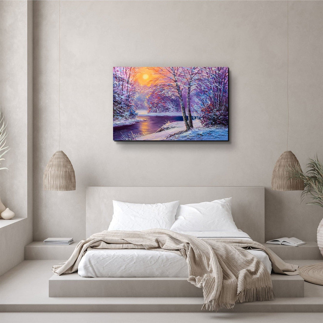 ・"Oil Painting Winter Sunset"・Glass Wall Art | Artdesigna Glass Printing Wall Arts.