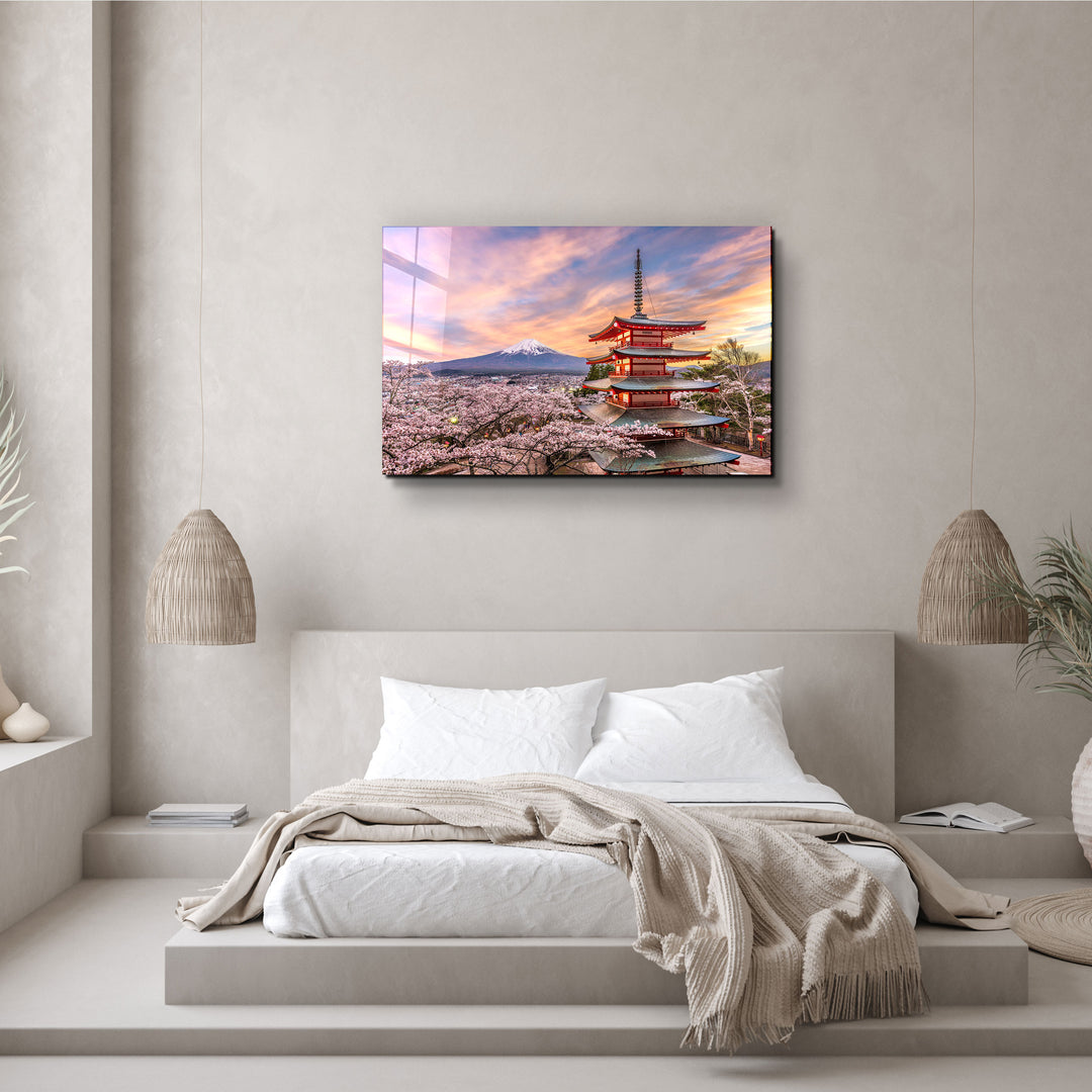 ・"Fujiyoshida, Japan at Chureito Pagoda and Mt. Fuji in the spring with cherry blossoms"・Glass Wall Art