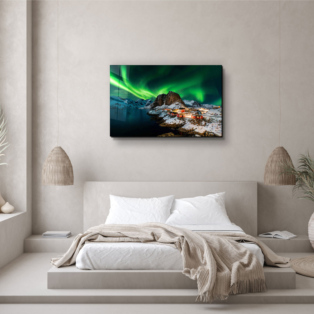 ・"Aurora borealis over Hamnoy in Norway"・Glass Wall Art