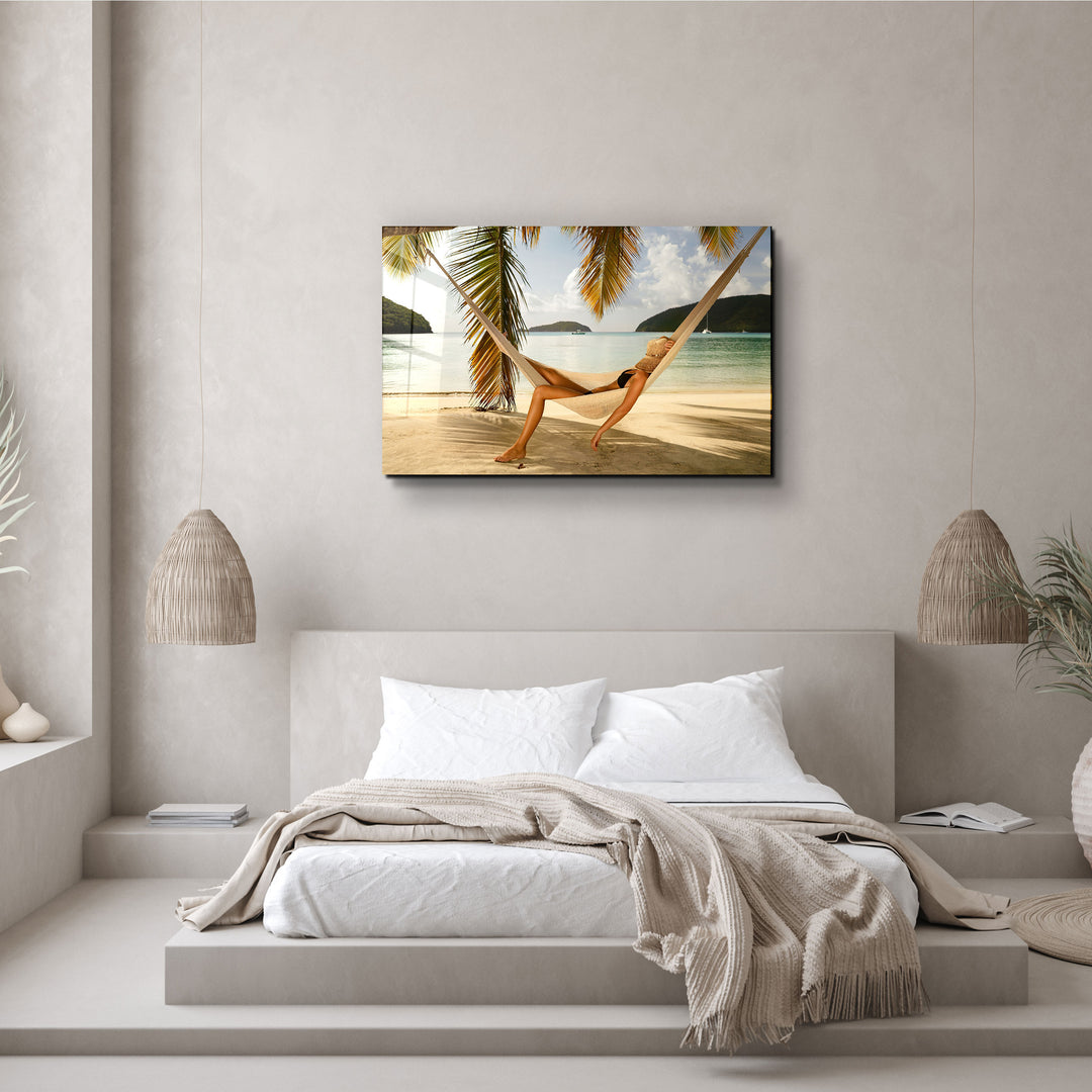 ・"Hammock Under Palm Trees"・Glass Wall Art | Artdesigna Glass Printing Wall Arts.