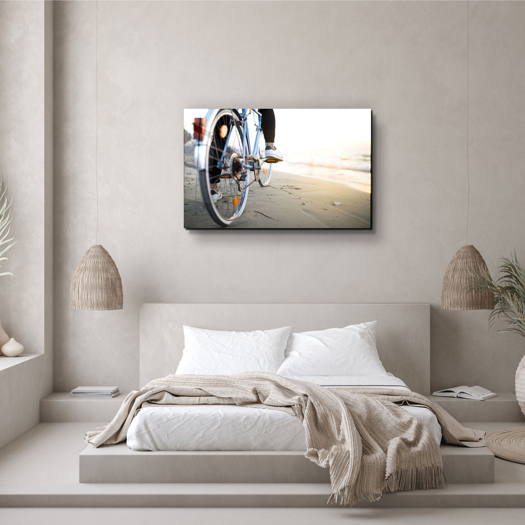 ・"Riding A Bike On The Calm Beach"・Glass Wall Art | Artdesigna Glass Printing Wall Arts.