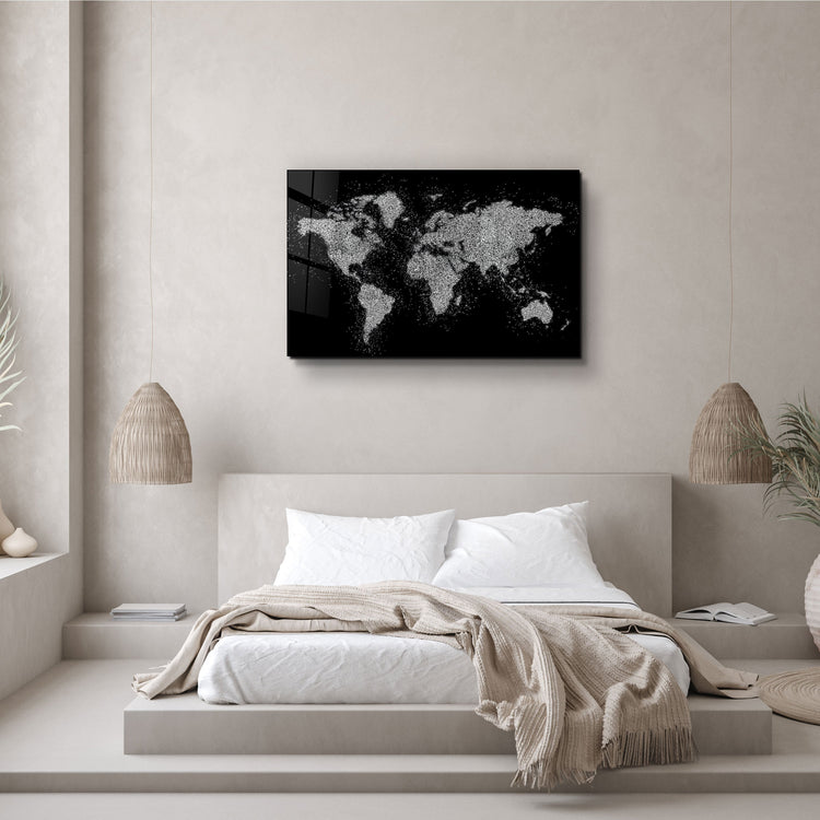 ・"World Map In Silver"・Glass Wall Art | Artdesigna Glass Printing Wall Arts.