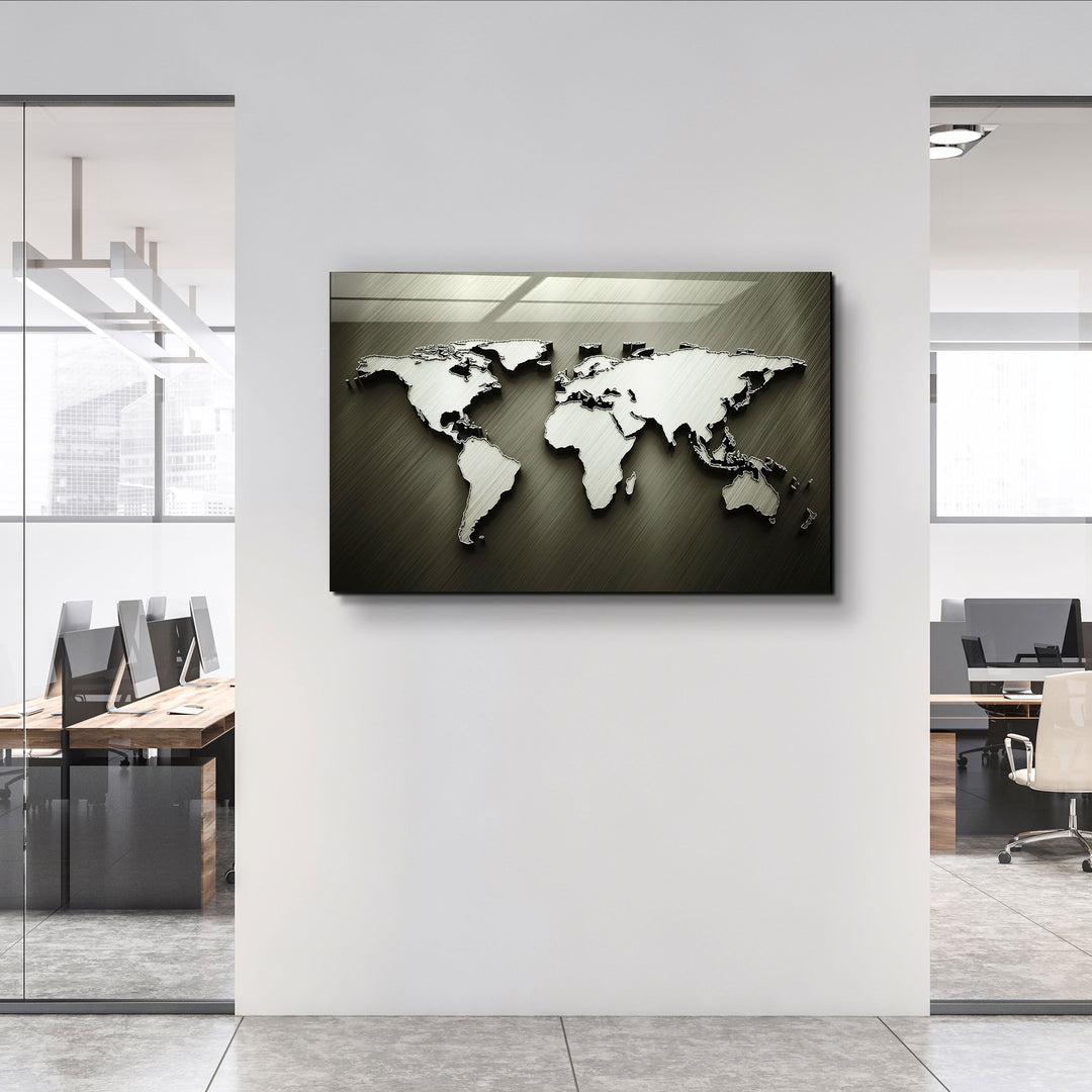 ・"Metallic World Map"・Glass Wall Art | Artdesigna Glass Printing Wall Arts.