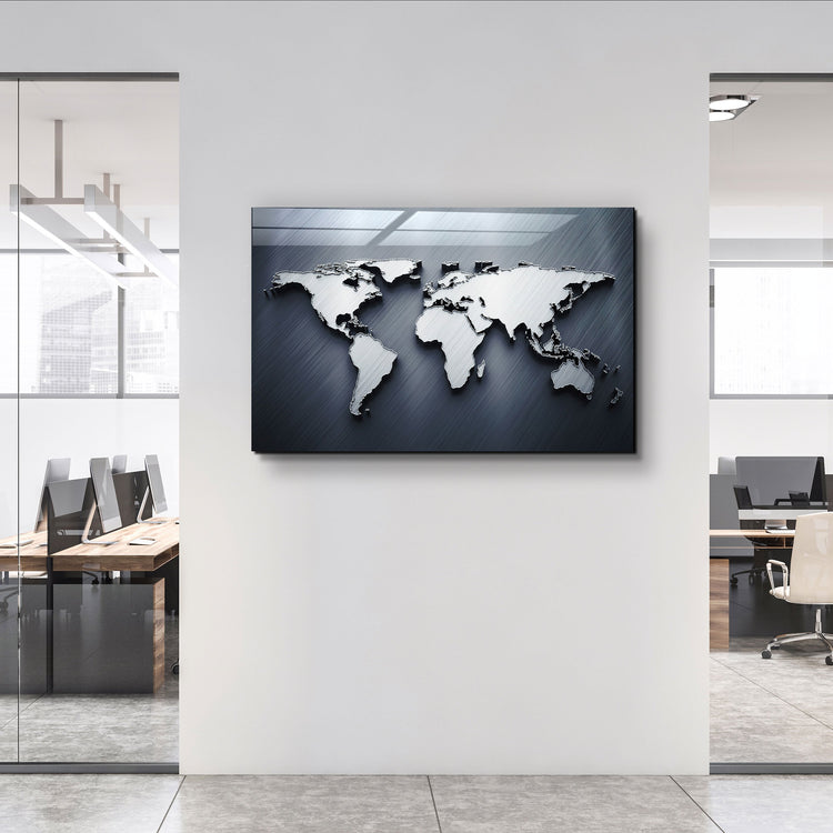 ・"Metallic Blue World Map"・Glass Wall Art | Artdesigna Glass Printing Wall Arts.