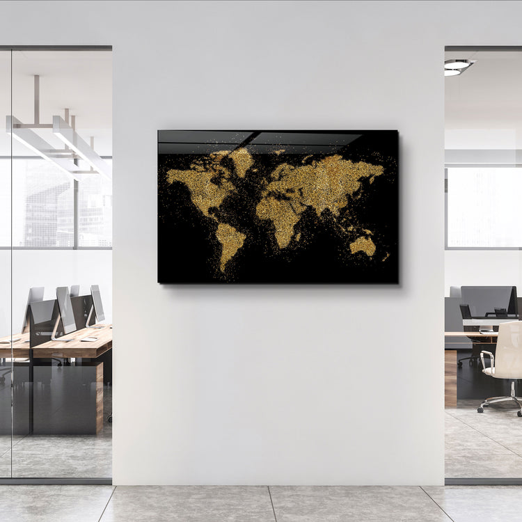 ・"World Map In Golden"・Glass Wall Art | Artdesigna Glass Printing Wall Arts.